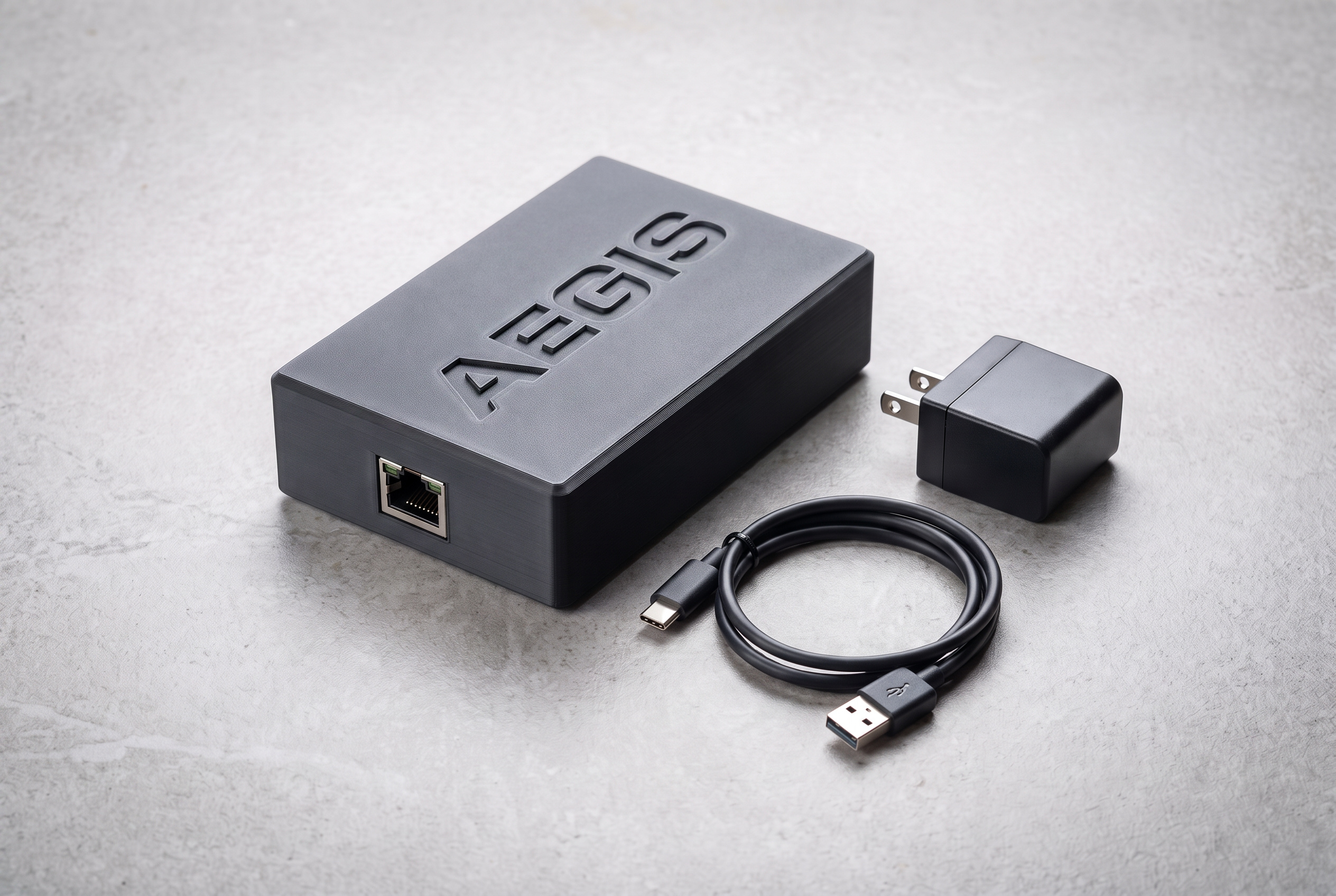 Matte black Aegis edge device with an Ethernet port, a USB-C cable, and a two-prong power adapter.